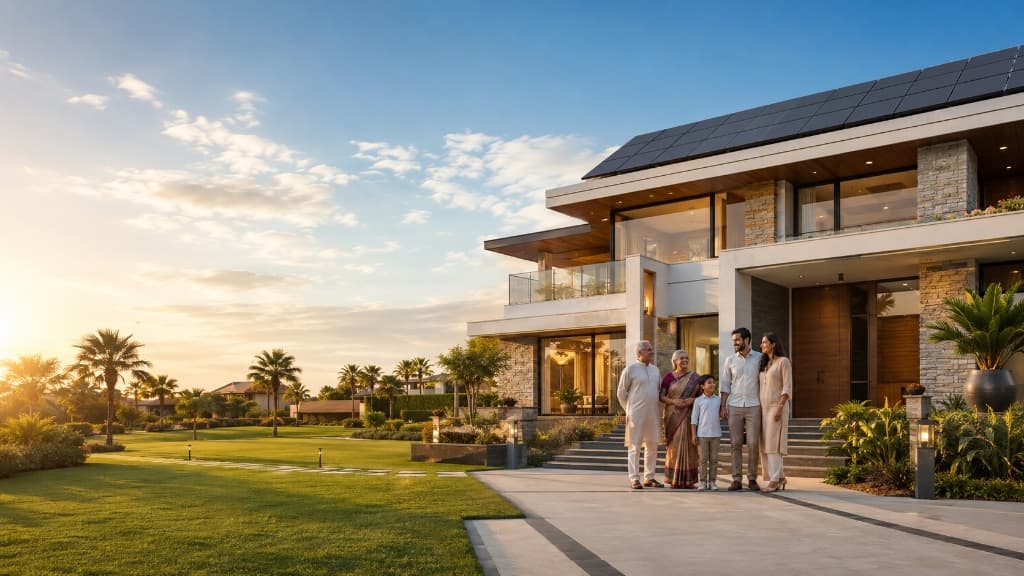 Luxury home with solar panels and happy family